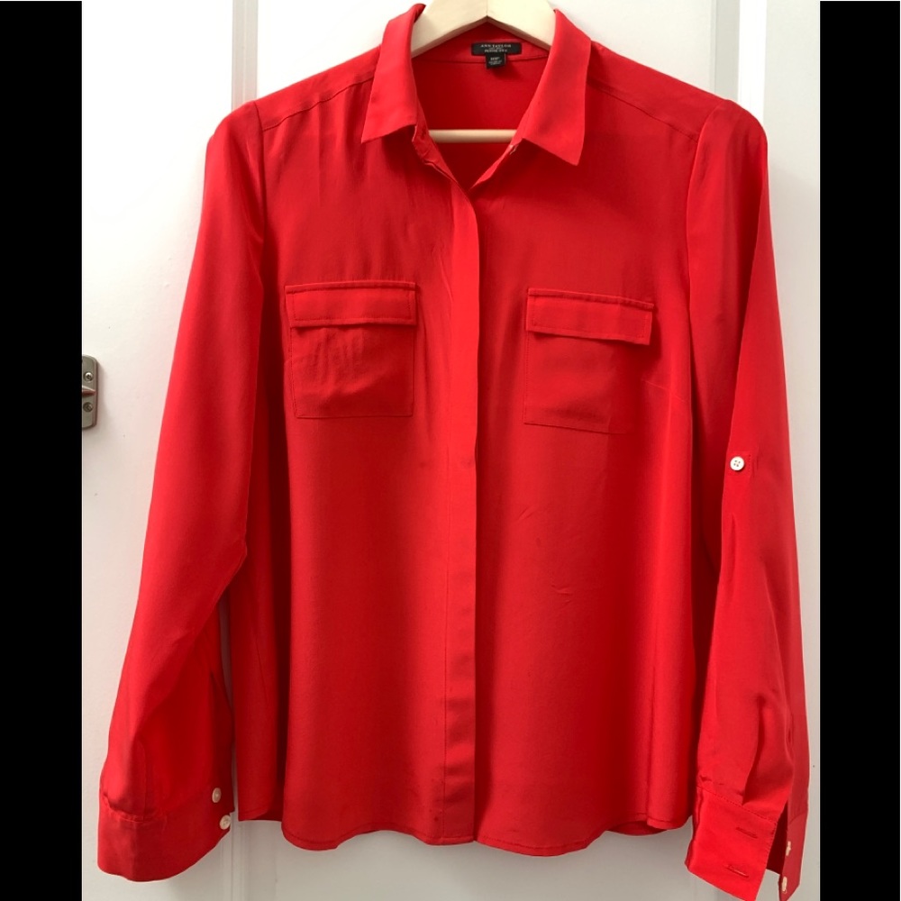 Ann Taylor Red button down long sleeves silk top